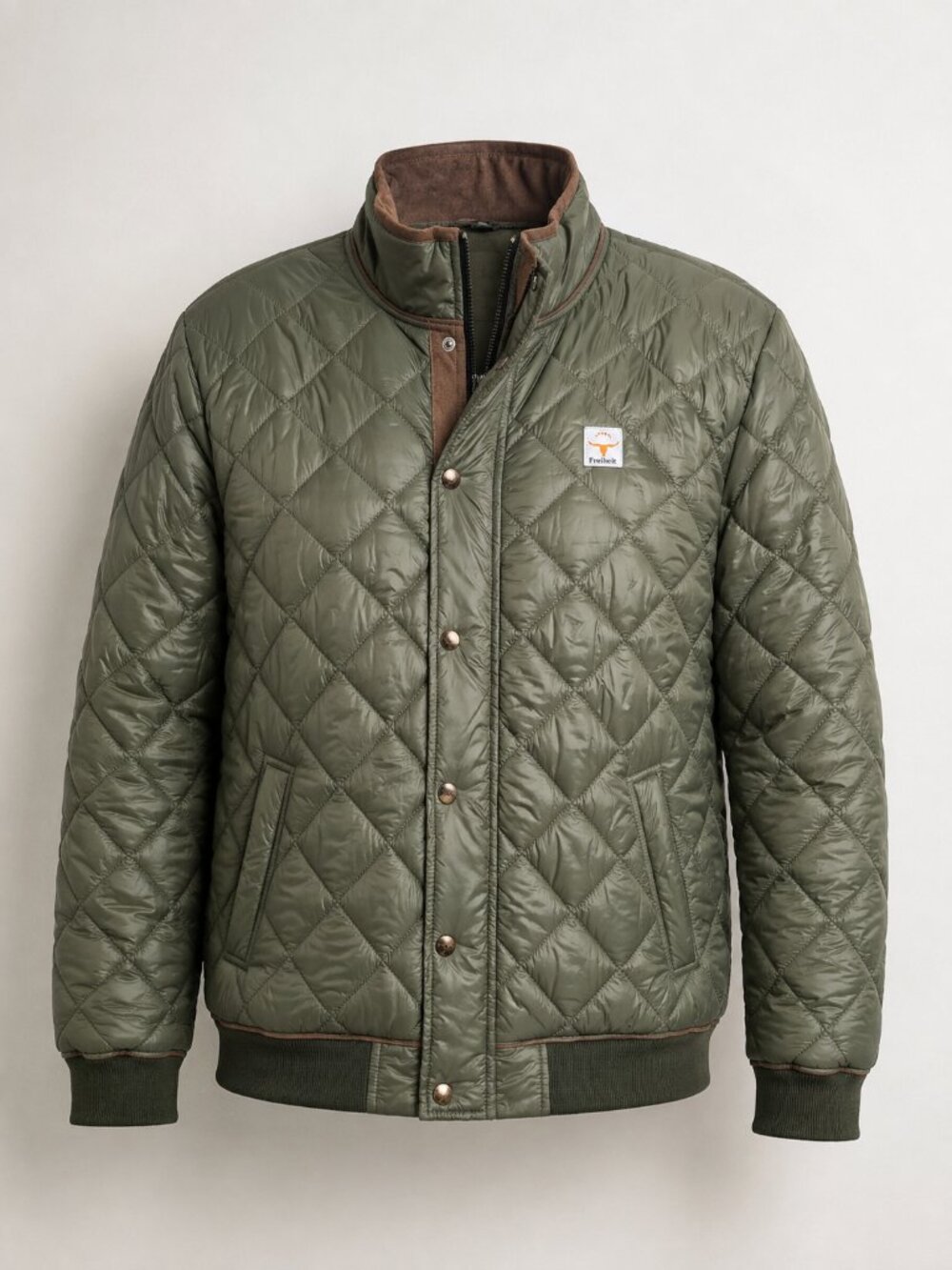 Freiheit Olive Green Quilted Bomber Jacket Western Longhorn Brown Trim Size S